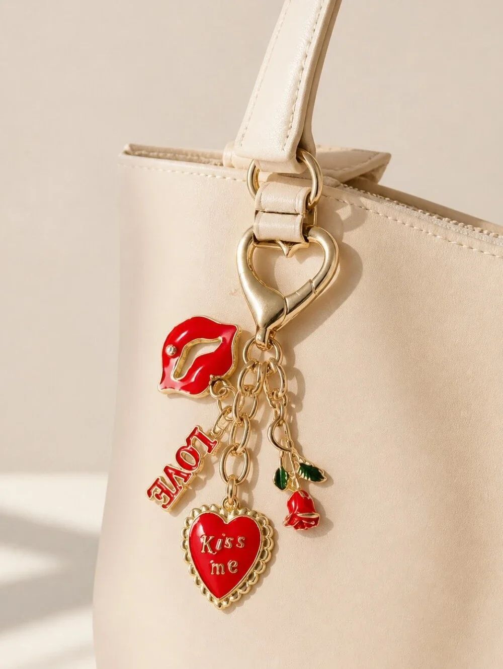 Love Kiss Heart Charm Keychain Gold Red Bag Charm Valentine Kawaii Gift